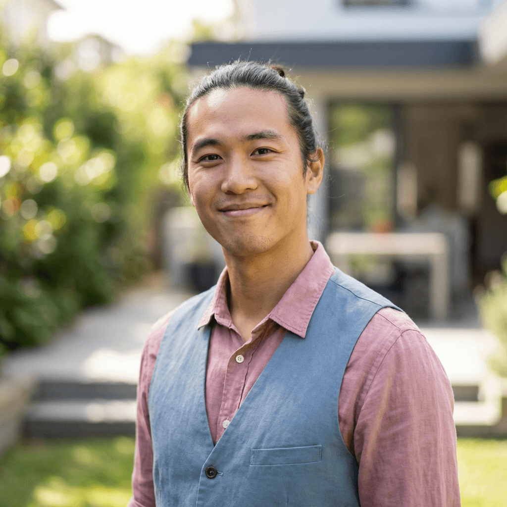 Marcus Chen in a blazer outdoors