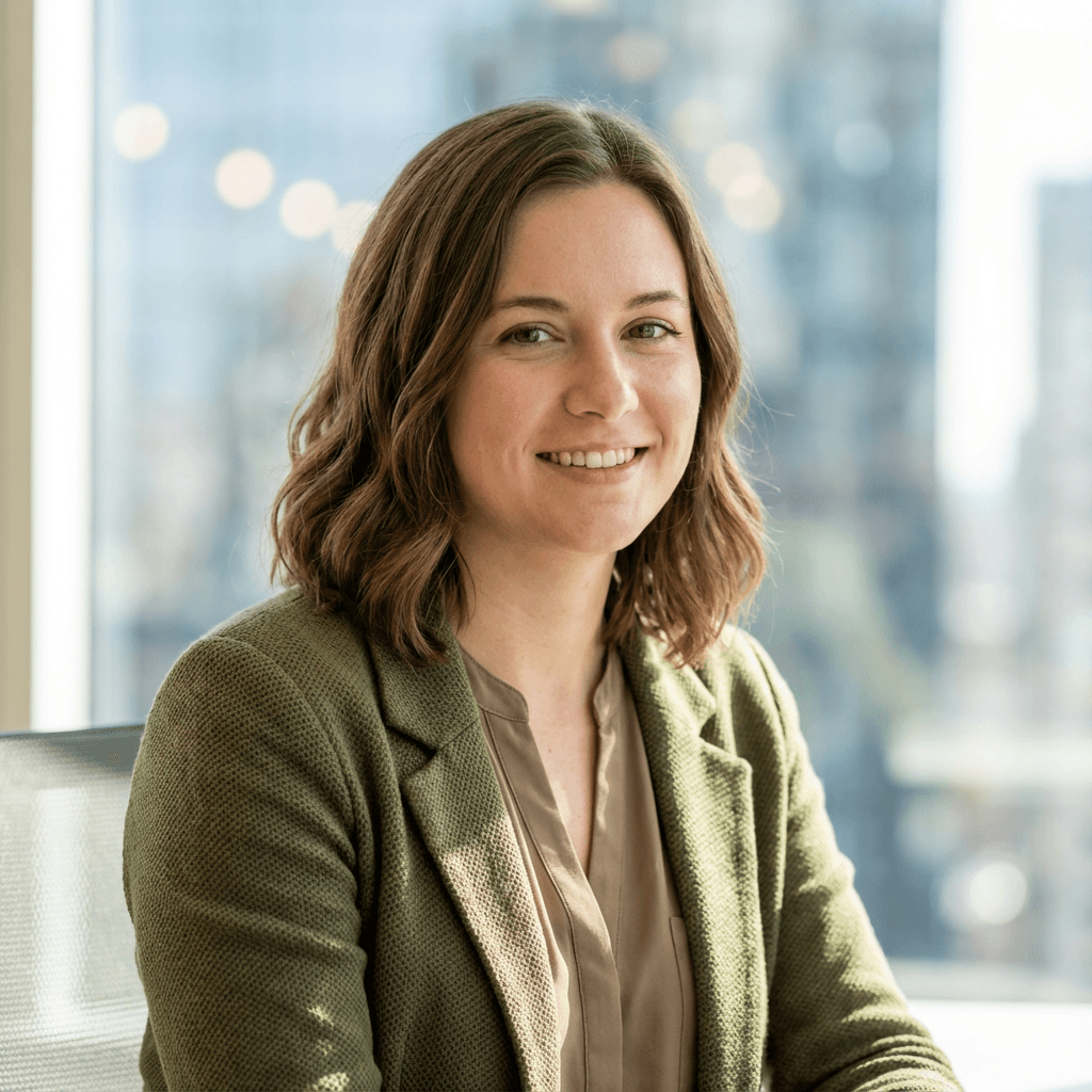 Sarah Mitchell smiling in a bright modern office