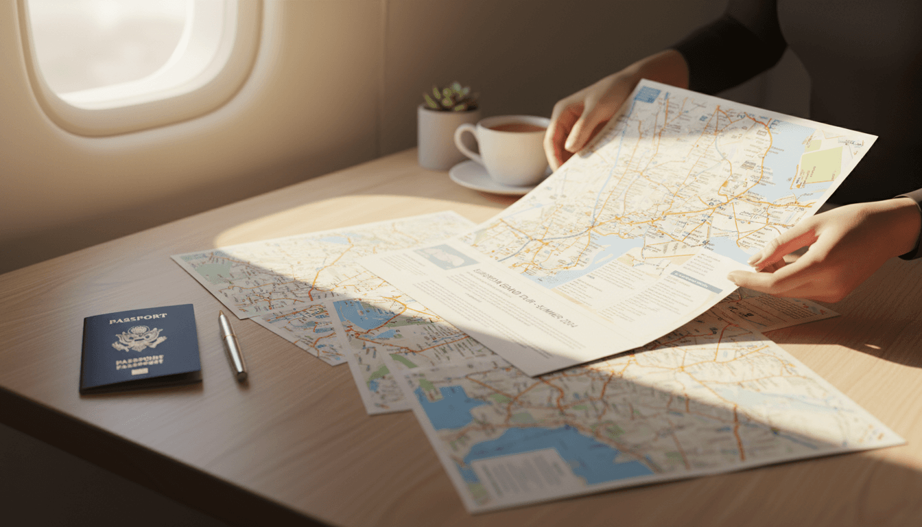 Travel consultant planning a trip with maps and itinerary on a sunlit desk