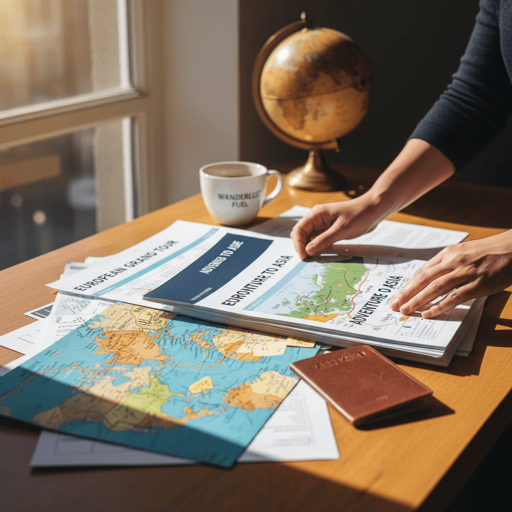 Travel consultant's desk with a detailed itinerary on a monitor, passport, and boarding pass