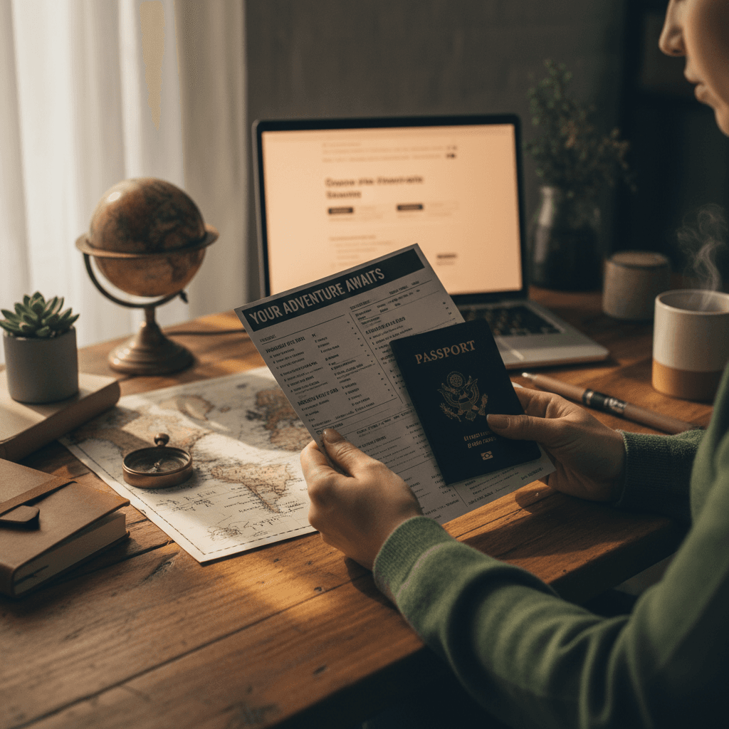 Travel consultant reviewing an itinerary and map at a bright desk